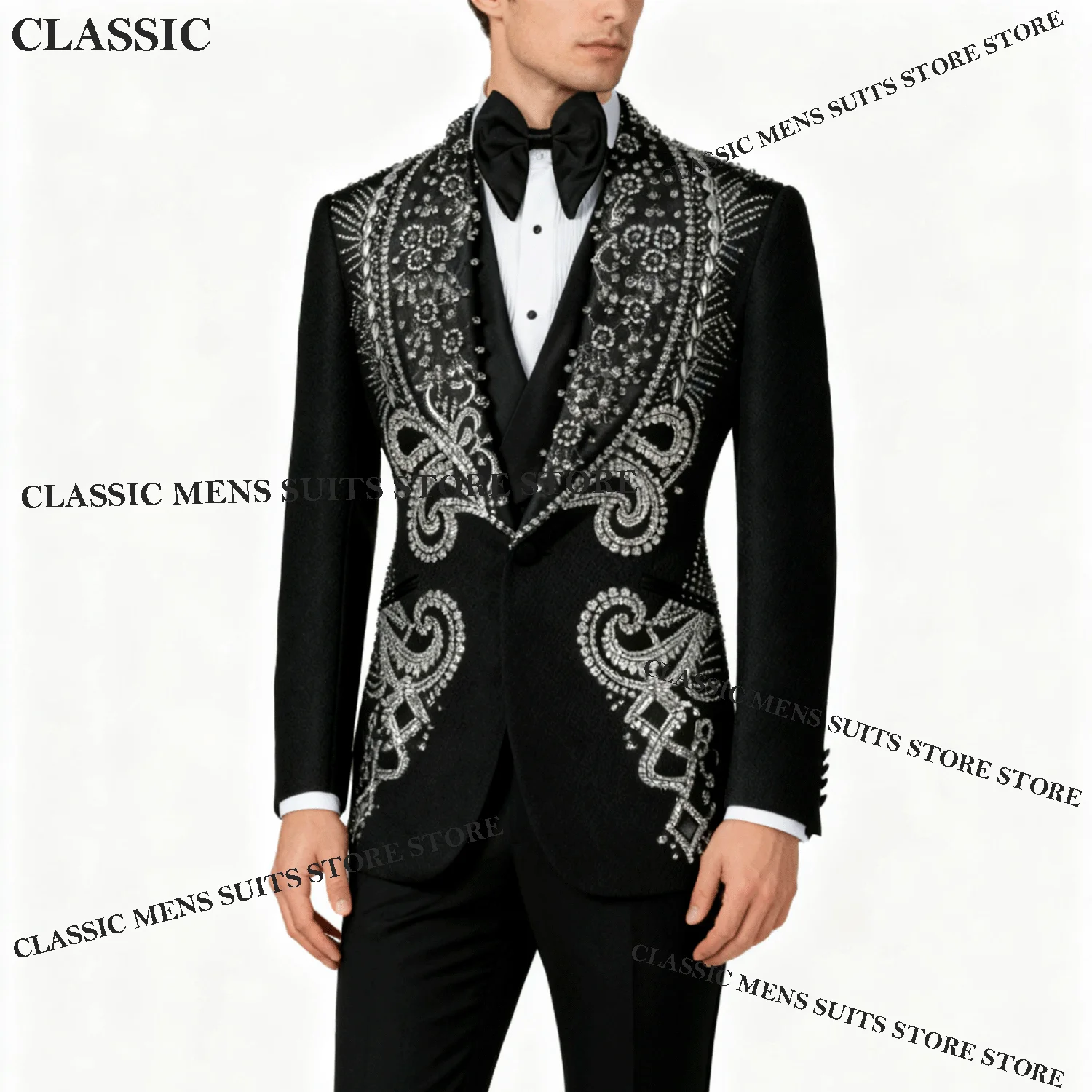 

Customized Elegant Men Suits Metallic Jewelry Ornament Tuxedo 3 Piece Wedding Groom Male Prom Blazer Slim Party Ternos Completo