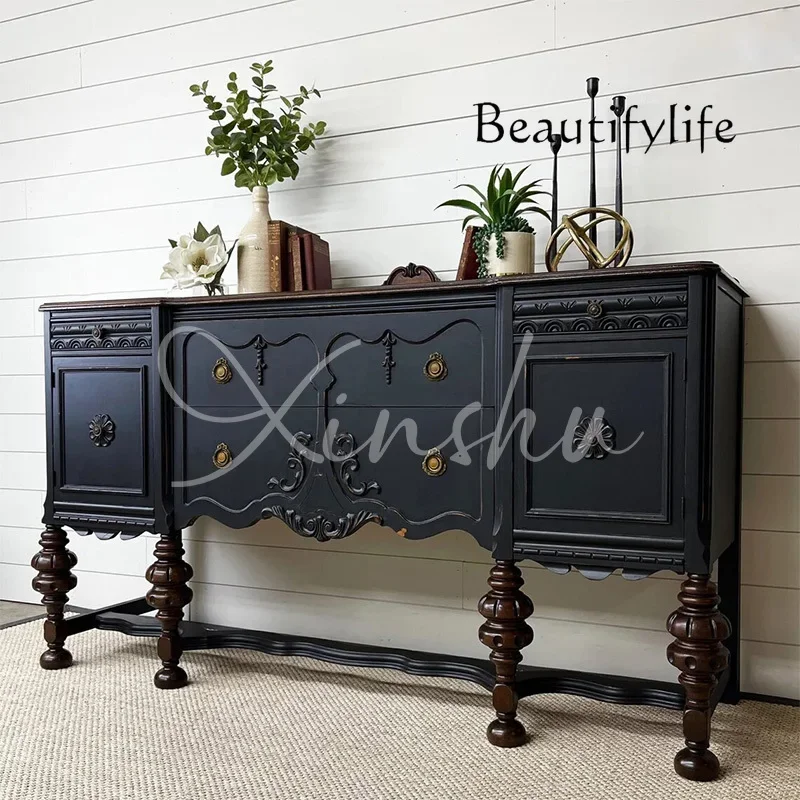 French Retro Solid Wood Dining Side Cabinet Integrated Locker Against The Wall Engraved Contrasting Color Porch CabinetBJ