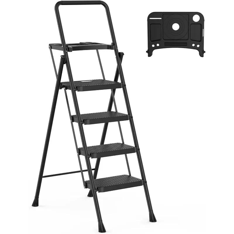 Folding Step Stool with Tool Platform,Sturdy Steel Ladder,Convenient Handgrip,Lightweight 330lbs Portable Steel Step Stool