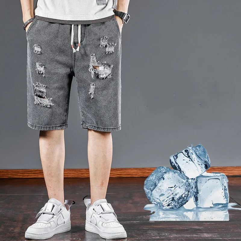 Shorts jeans finos e rasgados para homens, calças retas, soltas, tendência de rua alta, roupas casuais, verão, Y2K, 2023