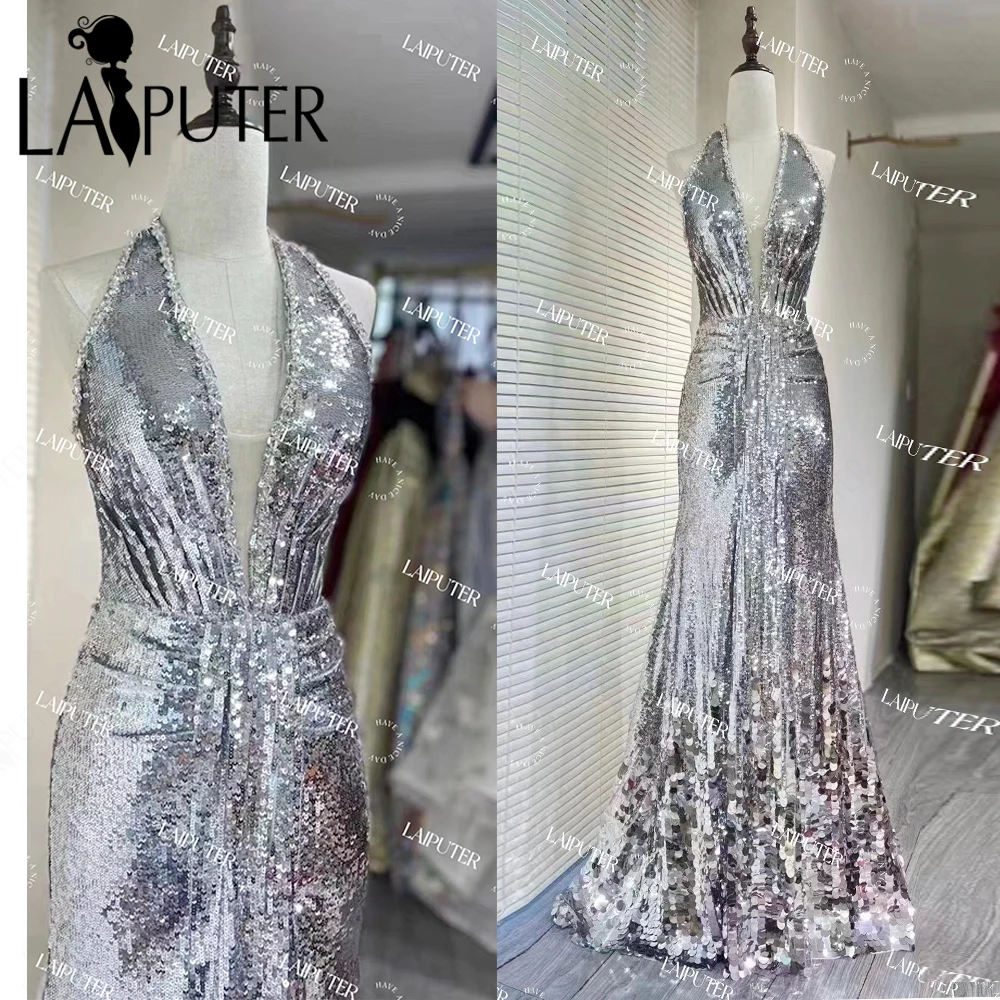 Full Silver SequinEvening Dresses Plugging V Neck Beaded Edge Party Celebrity Dress Low Back Mermaid Prom Gown