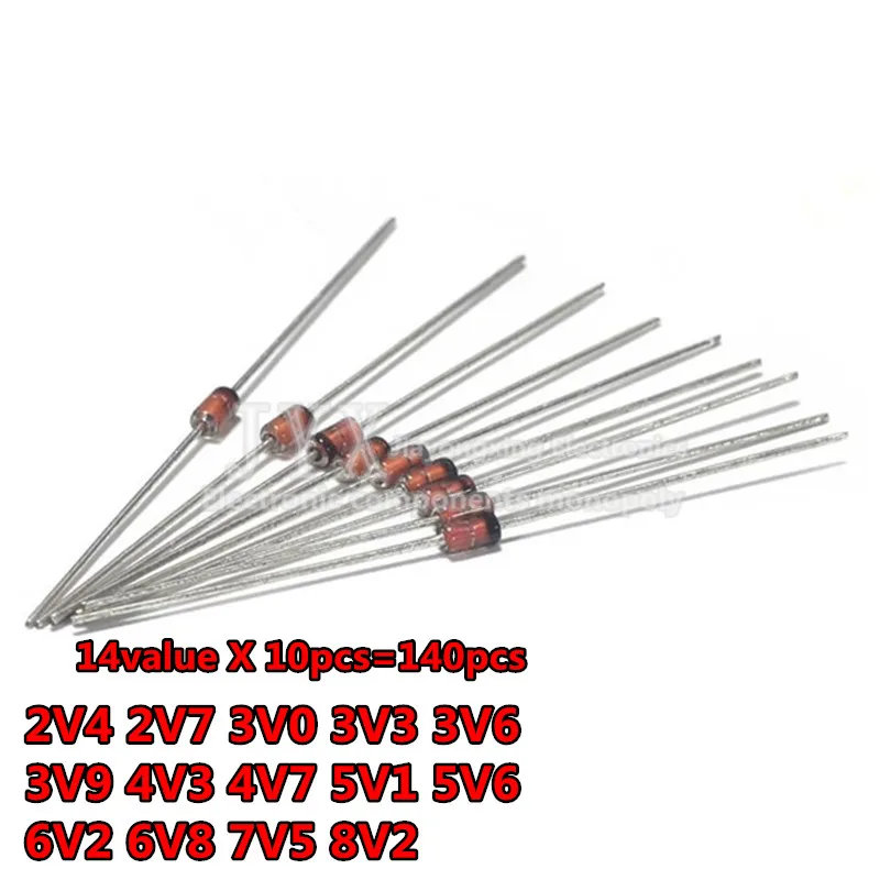 (2V4 to 8V2) 14 Values*10pcs=140pcs 1/2W 0.5W Zener Diode Assorted kit Assortment Set New