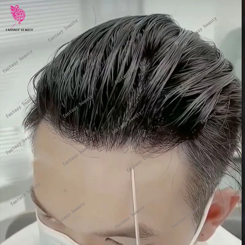 1b80# 1B65 Grey 0.1mm Injection Men Toupee Skin Full PU Men's Wig Remy Indian Human Hair Replacement System Capillary Prosthesis