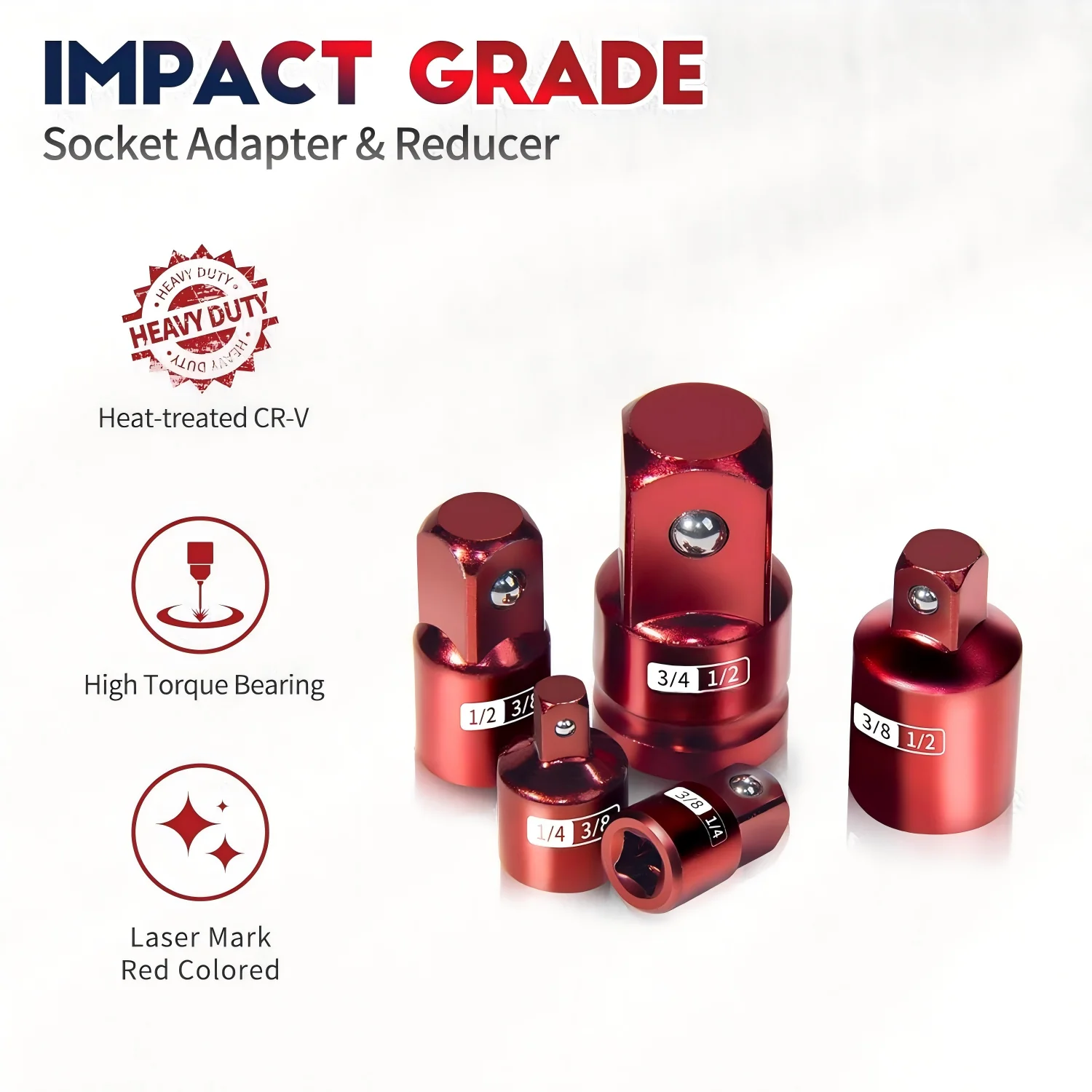 5Pcs Red Socket Drive Adapter Set 1/4 3/8 1/2 3/4 Impact Wrench Converter for Car Motorcycle Cleaning Repair Hand Tools