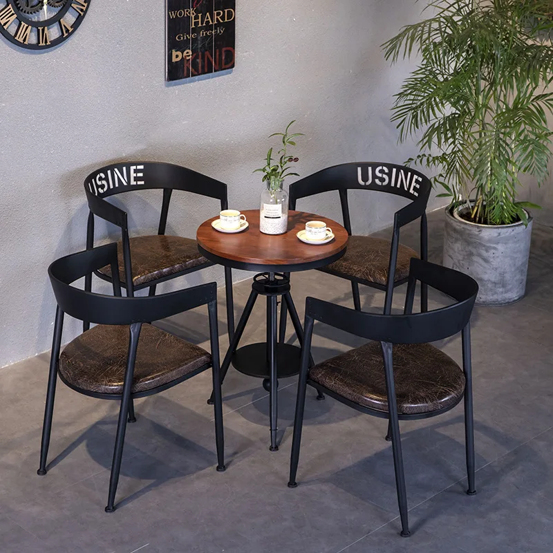 

American solid wood dining table and chairs milk retro industrial style wrought iron lifting dining and four chairs