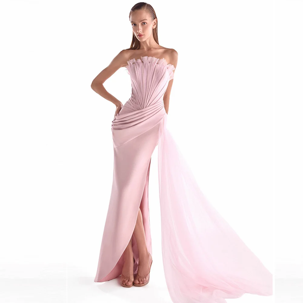 

Delicate Pink Strapless Mermaid Evening Dress Customized Sweep Train Party Dress High Quality Zipper Back Special Occasion Gowns