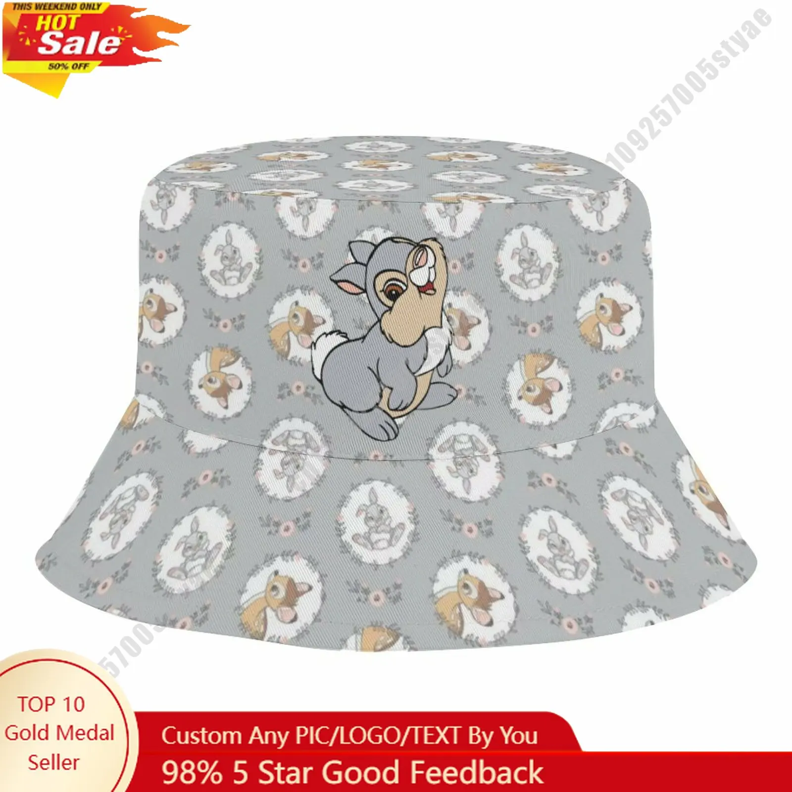 

Thumper Bucket Hat Disney Cartoon Character Custom Design Upload Your Image Logo Fisherman Hat 50–54cm Head Circumference