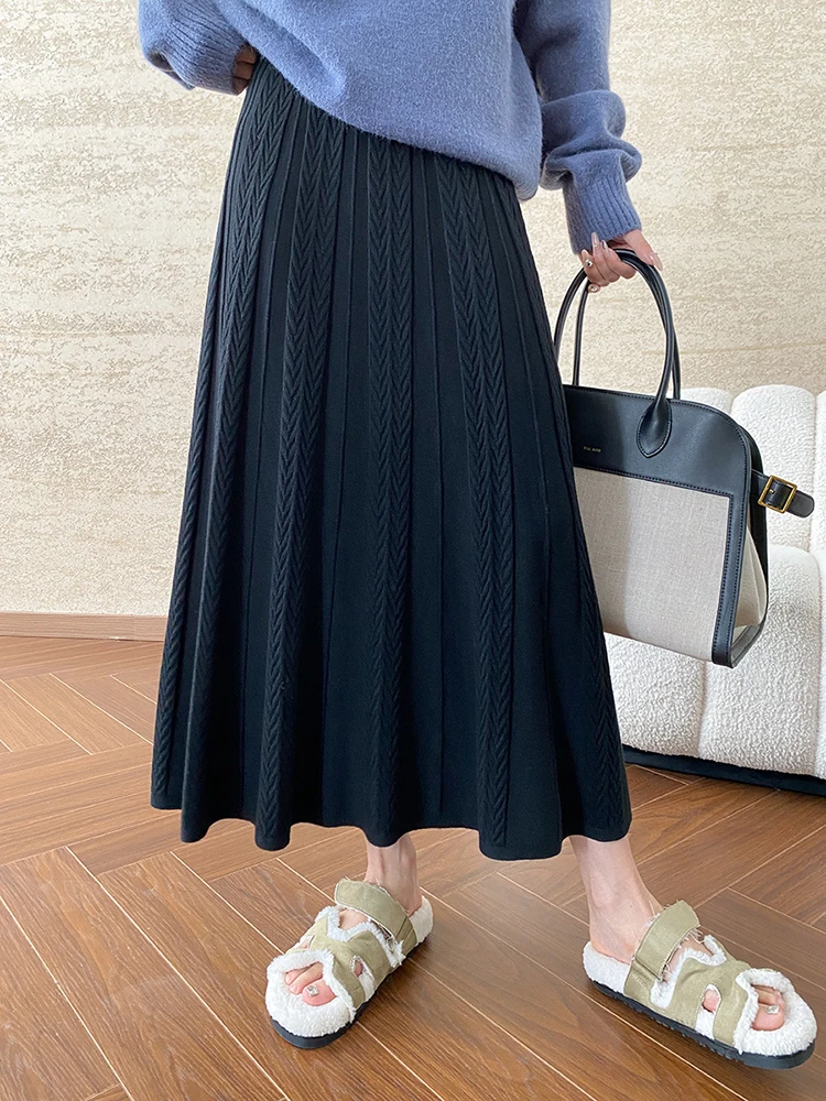 [EAM] High Elastic Waist Camel Knitting Elegant Long A-line Half-body Skirt Women Fashion Tide New Spring Autumn 2024 1DH7736