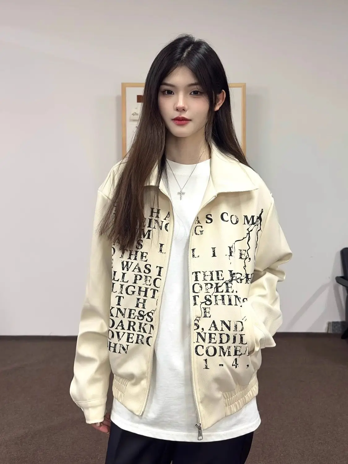 

American Retro Versatile High Street Letter Print Lapel Jacket Women Spring Autumn New Niche Design Casual Long-Sleeved Jacket