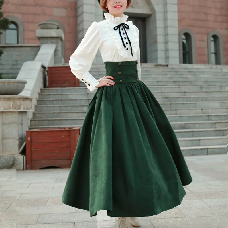 64-84cm Elastic Waist Spring Fall Long Skirts Women Medieval Vintage Elegant A-Line Big Swing High Waist All-Match Suede Skirts