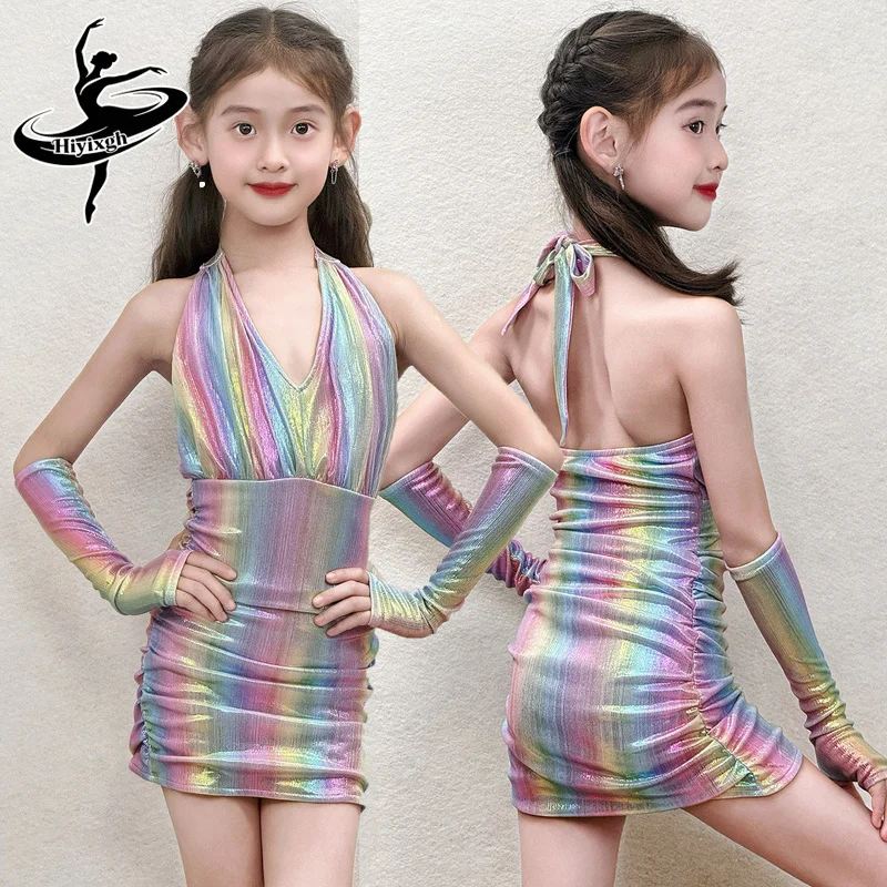 

New Girls Latin Dance Dress Halter Neck Rainbow Dress Gloves Competition Suit Rumba Chacha Dance Performance Clothing
