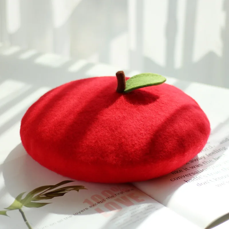 Funny Cute Fruit Design Orange Apple Winter Beret Cap For Women Solid Casual Warm Outdoor Girls Painter's Hat Bonnet Party Gift view 4