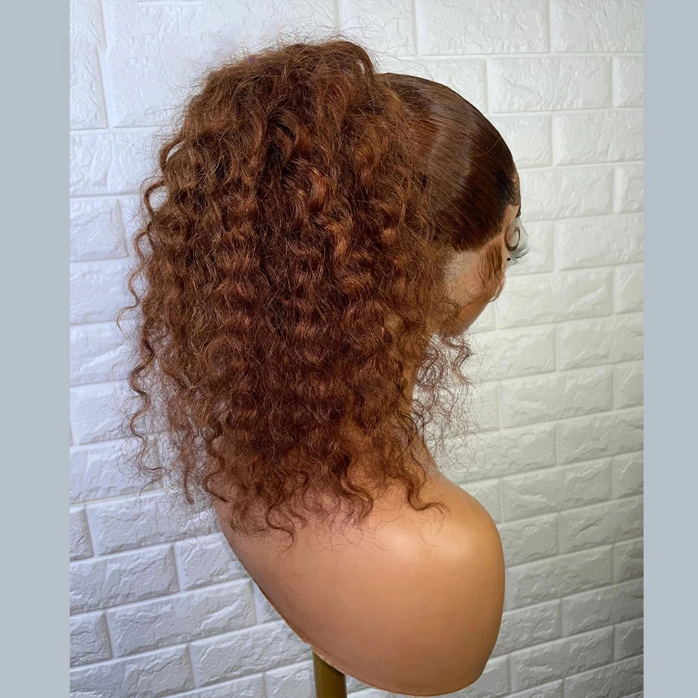 Glueless Ginger Brown Kinky Curly Synthetic Lace Front Wig With Baby Hair Preplucked Long 180%Density Heat Temperature Daily