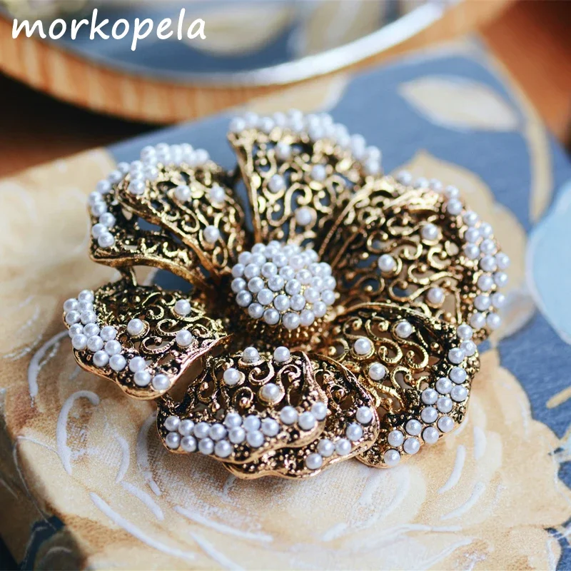 Morkopela Vintage Filigree Flower Brooch For Women Pearls Large Blossom Pins Scarf Clothes Clip Pin Banquet Brooches Jewelry