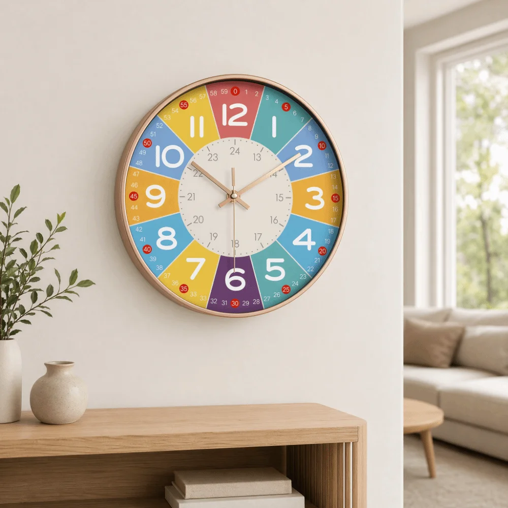 Educational Silent Teaching Wall Clock Analog Round Kids Learning Clock Wall Decor Easy to Read Quartz Wall Clock Dorm