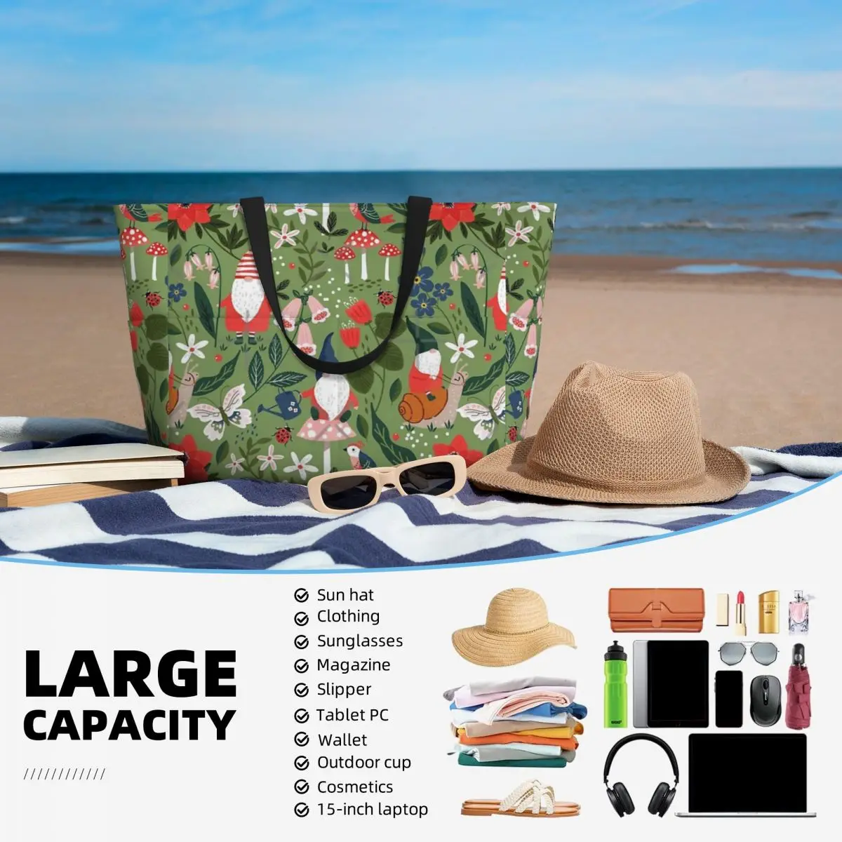 Stravagante gnomo da giardino che cavalca lumache borsa da viaggio da spiaggia, borsa tote regali pratici alla moda regalo di compleanno modello multi-stile