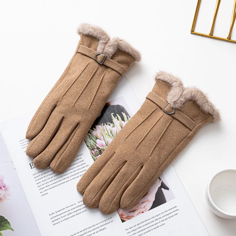 Guantes de gamuza para mujer, manoplas de dedo completo a prueba de viento para pantalla táctil, a la moda, para deportes al aire libre, Invierno