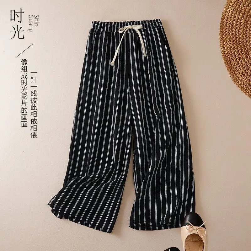 

Women's Plus Size Spring and Summer Fashion Hot Selling Classic Black and White Contrast Stripe Casual Loose Cuffed Pants