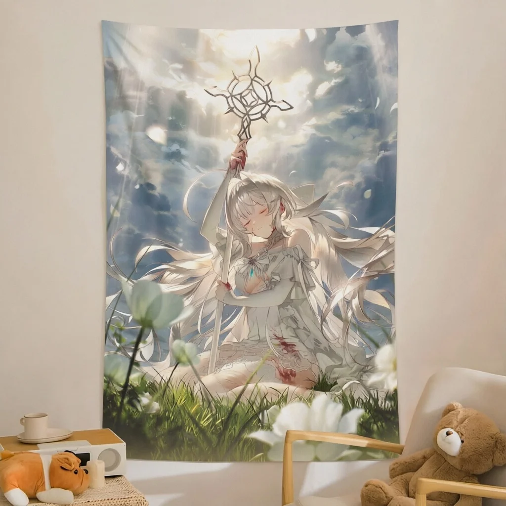 Anime Holy Girl Tapestry Sacred Staff Fantasy Art Tapestry Polyester Room Decoration Items Home Bedroom Dorm Background Wall Dec