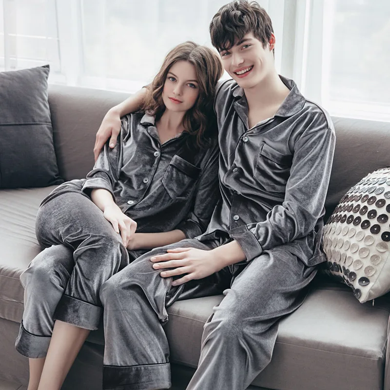 

Couples Sleepwear Velvet Set Large Size Men's Pyjamas Women's Spring Autumn Outdoor Home Clothes Long Sleeve Polyester