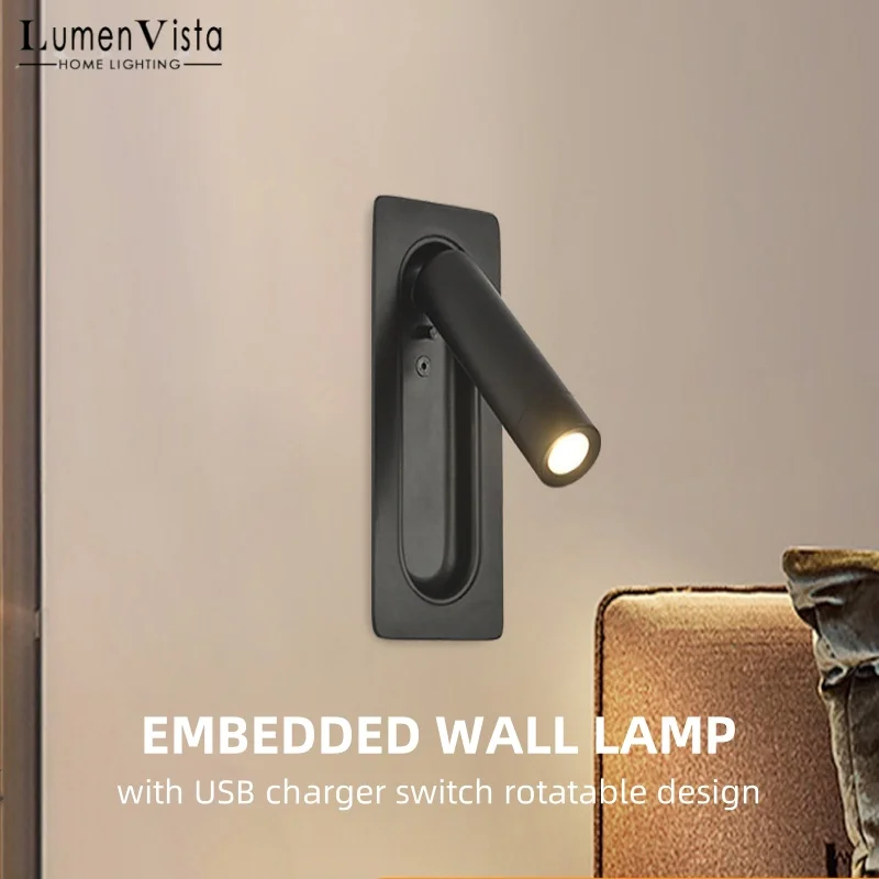 Embedded Wall Light AC85-265V With Switch USB Charging Interface Hotel Bedside Reading Light Bedroom LED Indoor Decor Wall Lamp