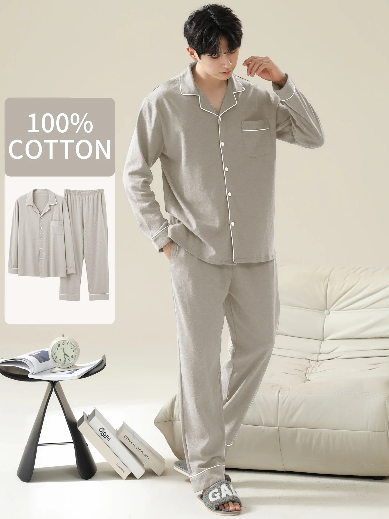 Men's 100% cotton long sleeved four season plus size men's sleepwear, teenage pure cotton home suit set for warmth