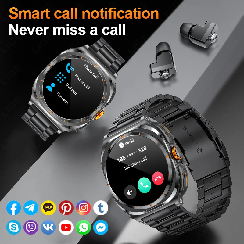 LIGE Nuovo Smart Watch con auricolare wireless TWS 2 in 1 Chiamata Bluetooth Schermo AMOLED da 1.53 "400mAh IP67 Smartwatch sportivo impermeabile
