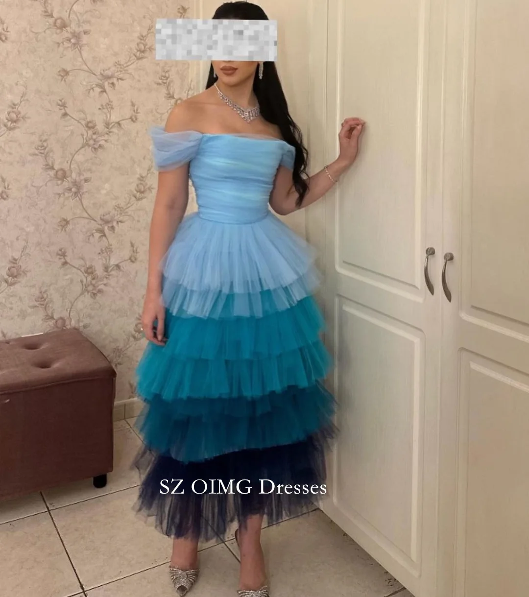 

OIMG Off Shoulder Women Sexy Vintage Tiered Tulle Prom Dresses A-Line Zipped Evening Gowns 2023 Formal Party Dress