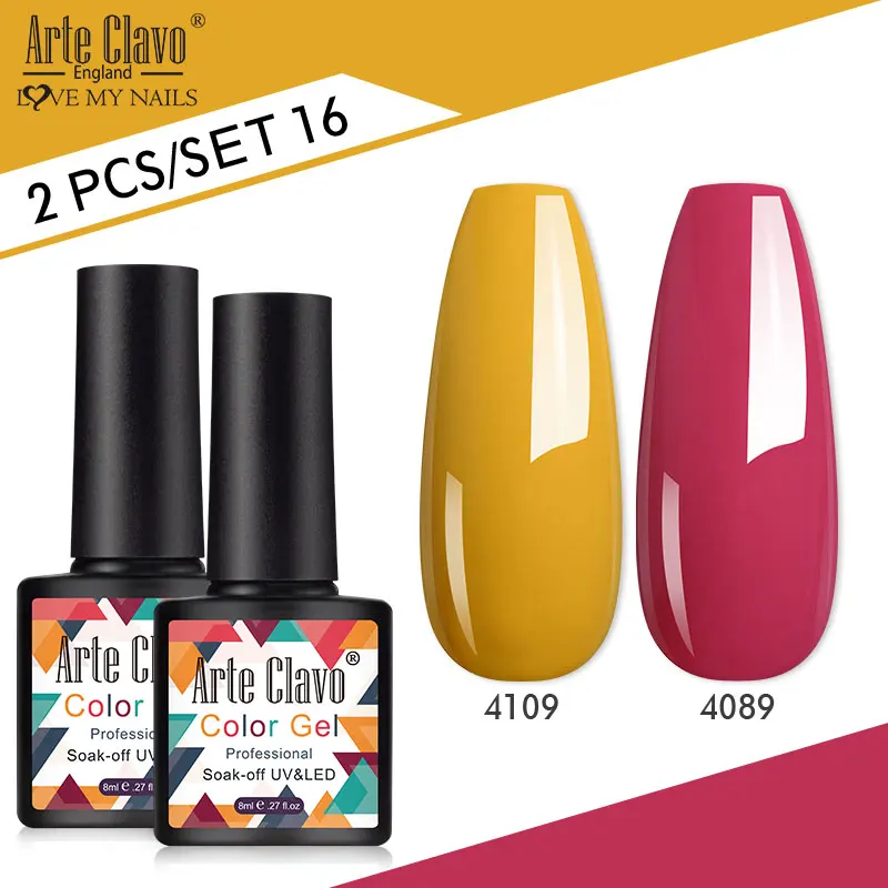 Arte Clavo 8 ml Gel-Nagellack-Set, 2 Stück/Set, semi-permanentes, helles Gel, Soak Off-UV-Gel mit Basis, mattes Decklack-Maniküre-Set