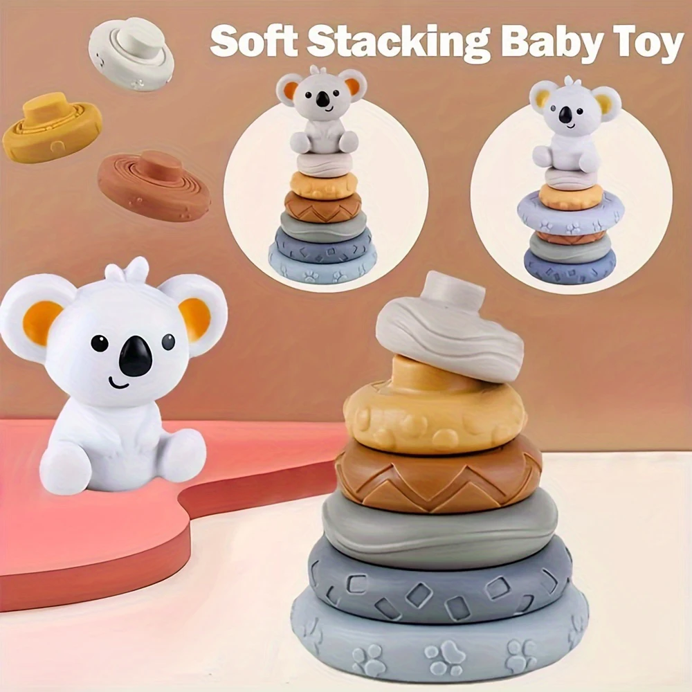 Montessori Baby Toys 0-12M, Koala Stacking Tower & Pyramid Set, Fine Motor Skills Sensory Development, Educational Infant Gift