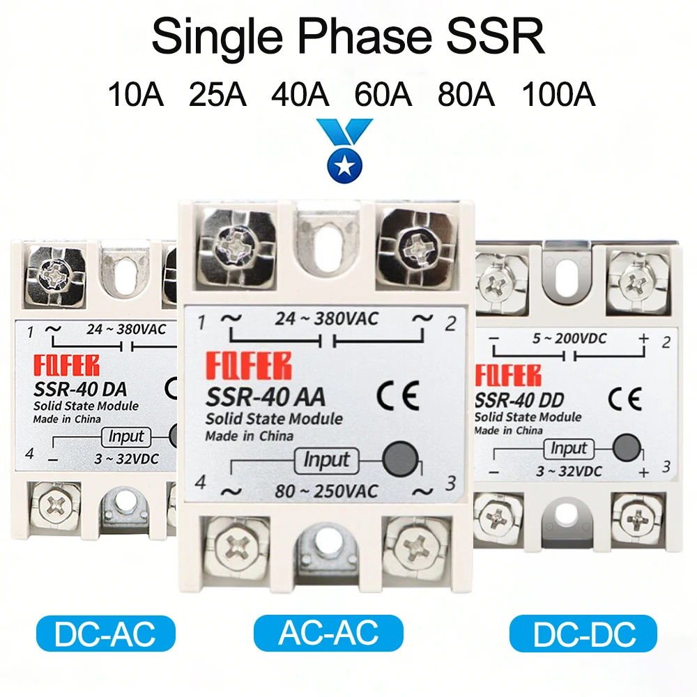 1pcs Single Phase Solid State Relay 220V SSR 10A 25A 40A 60A 80A 100A DC To AC AC To AC DC To DC Industrial SSR Relay  Module