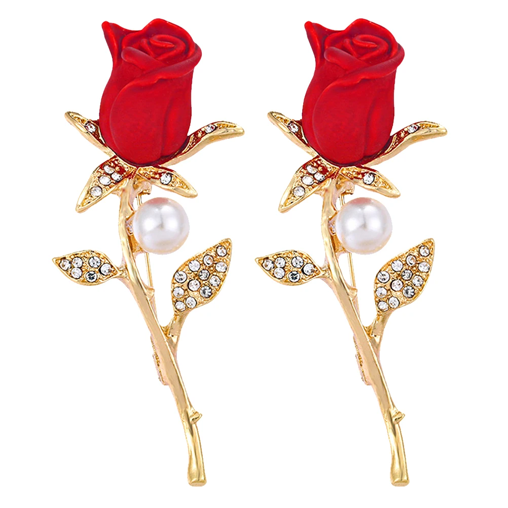 2Pcs Red Rose Brooch Romantic Series Rhinestone Floral Accessory Wedding Anniversary Elegant Pin