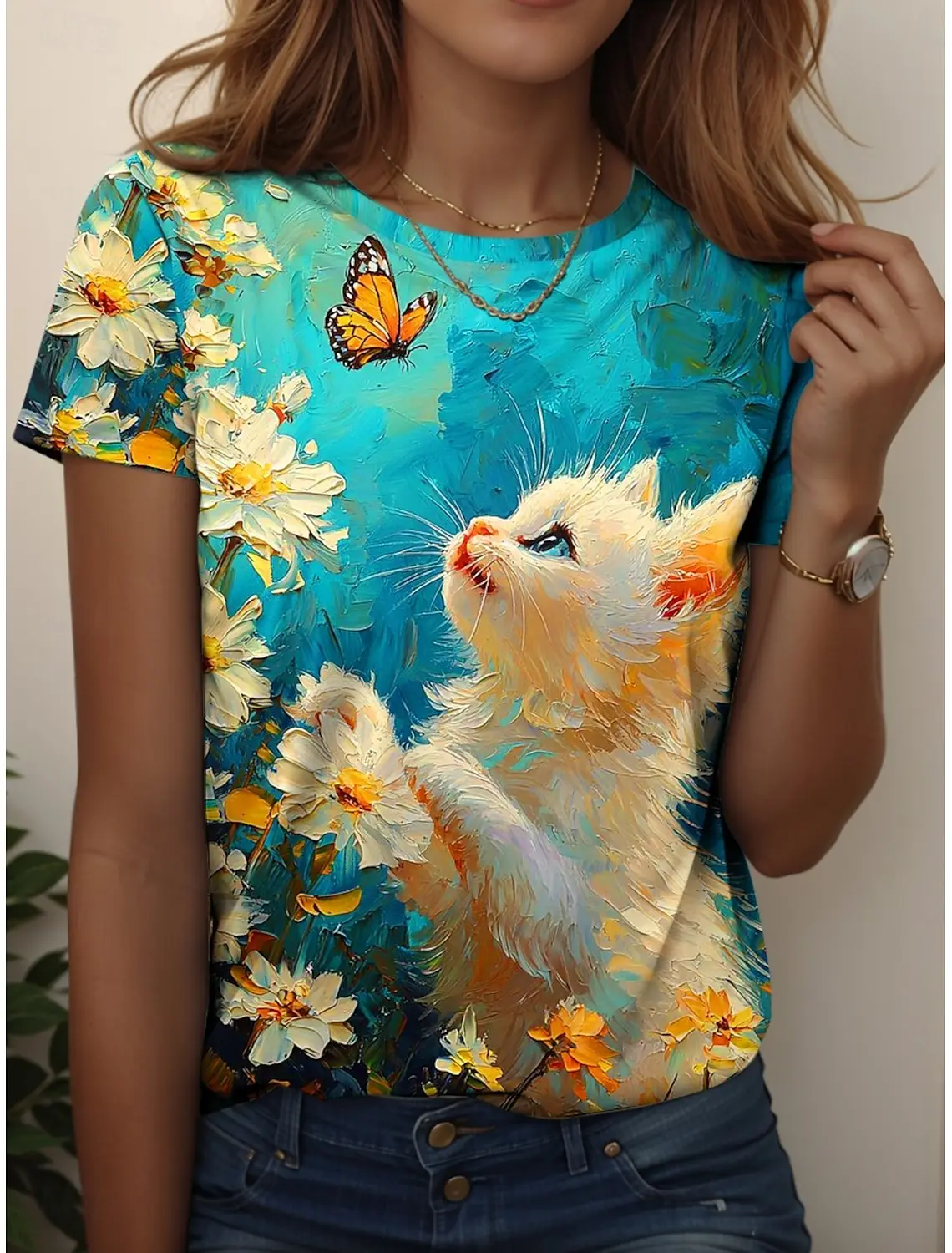 เสื้อยืดแฟชั่นฤดูร้อนลายสัตว์สำหรับผู้หญิง สไตล์น่ารัก พิมพ์ลายแมว แขนสั้น คอกลม ทรงปกติ