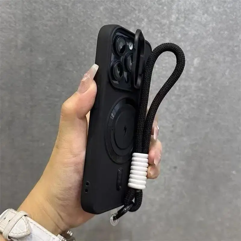 Klappbarer Objektivständer für MagSafe-Handschlaufenhülle für iPhone 14 18 17 15 13 16 11 12 Pro Max Air, einfarbige stoßfeste Hülle