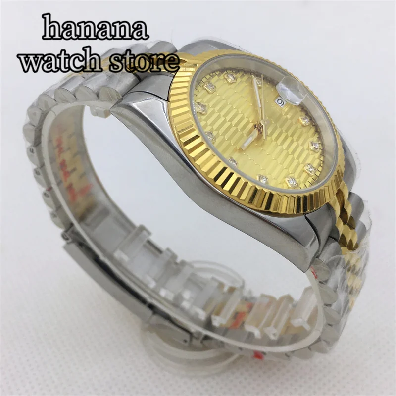 BLIGER NH35A Мужские механические часы 36 мм 39 мм встраиваемый безель Сапфировое стекло Золотой циферблат Двухцветный браслет из нержавеющей стали с датой