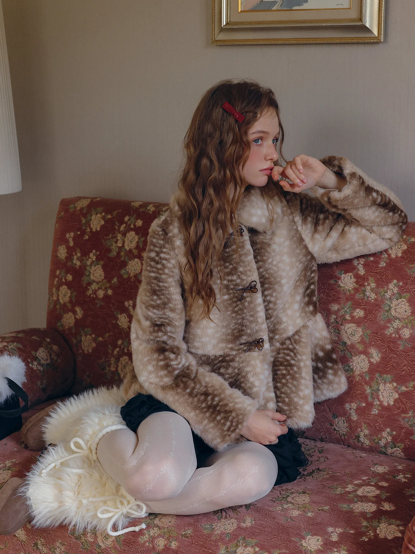 Soft Faux Fur Jacket Women's A-Line Hem Unique Deer Print Design Commute Style Standard Fit Short Coat  Knot Detail