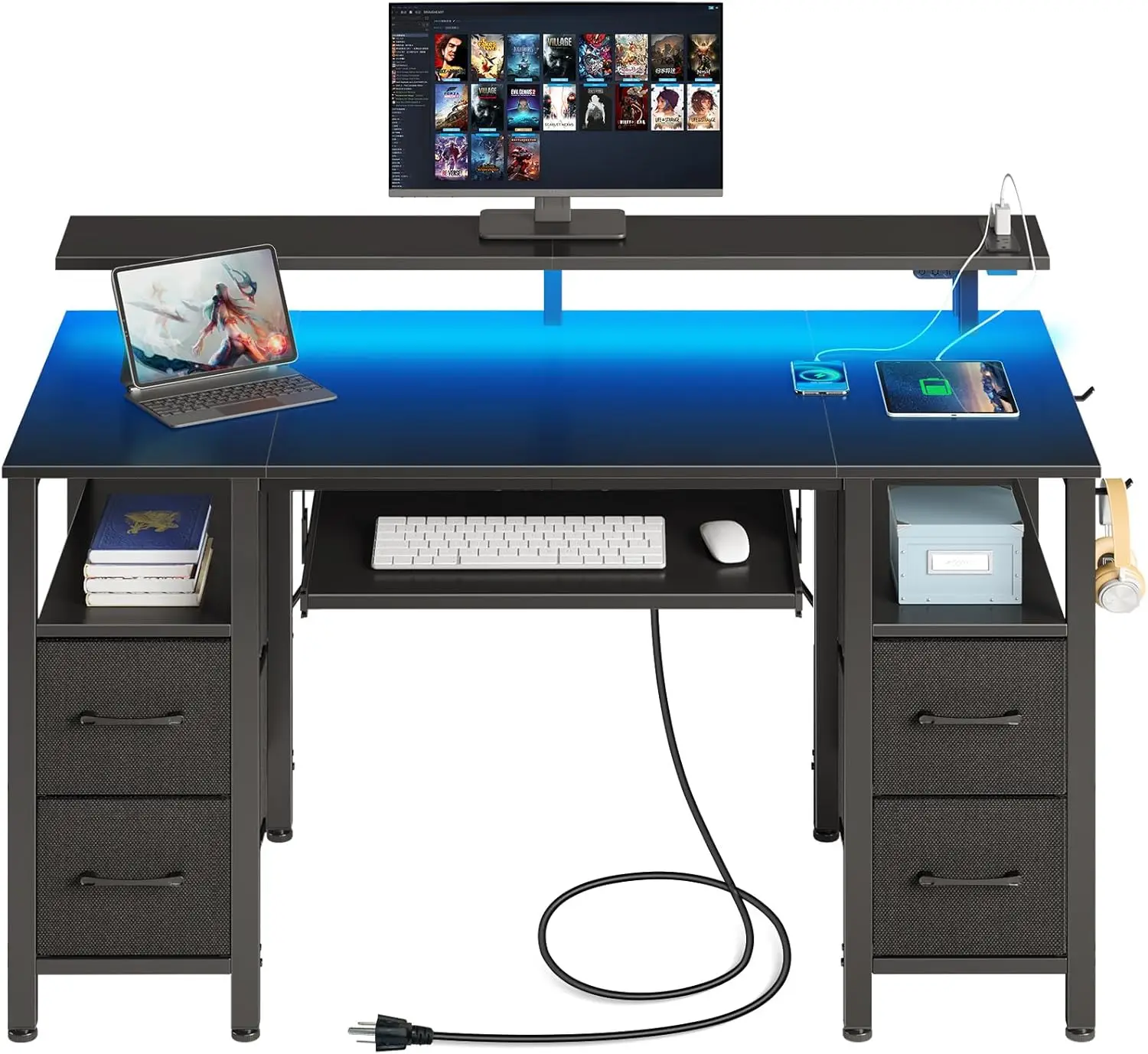 

47.2" LED Desk with Power Outlets, 4 Drawers, Keyboard Tray, Monitor Stand, Black