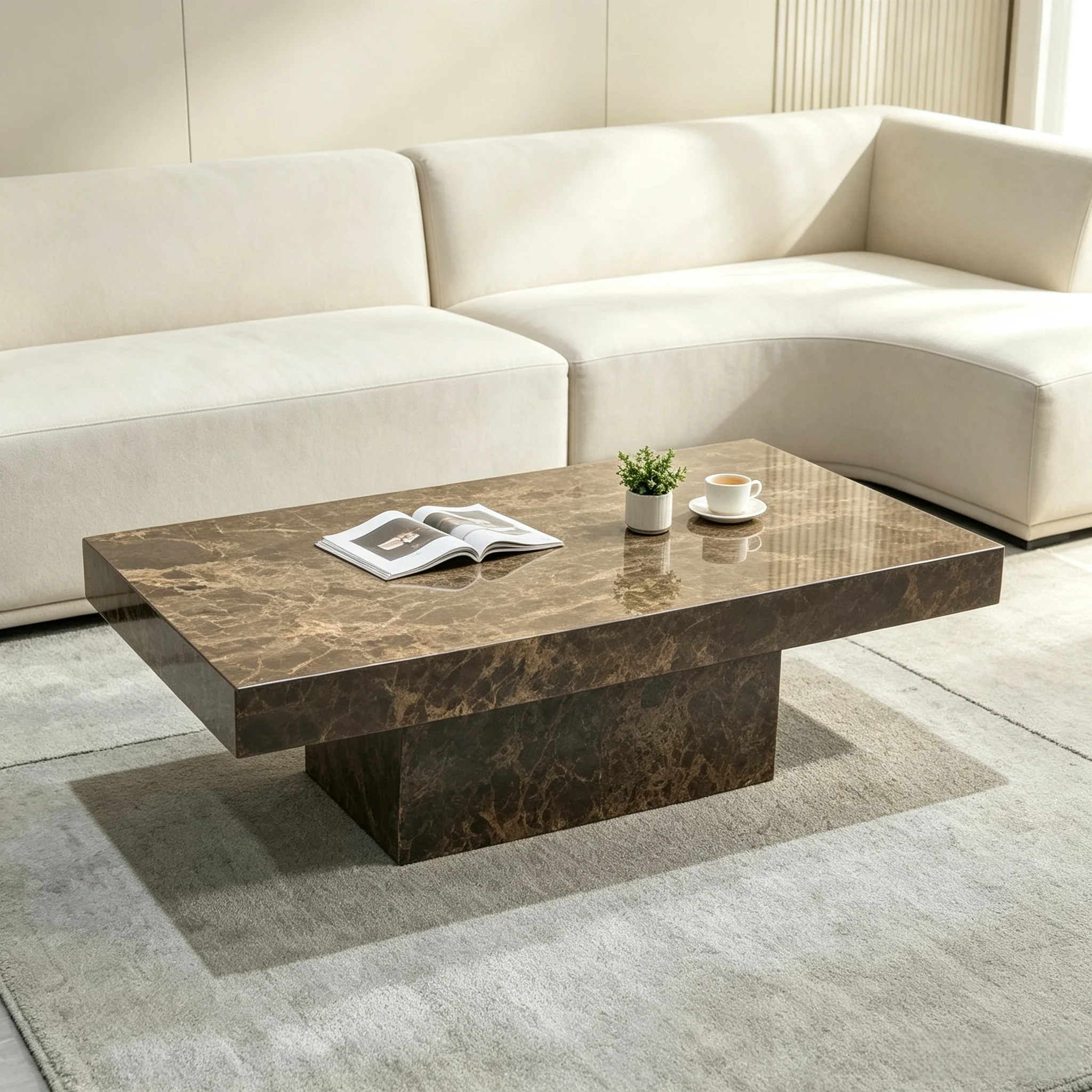 Modern Luxury Natural Stone Luxury Dark Emperador Brown Marble Apartment Living Room Furniture Large Plinths Coffee Table Set