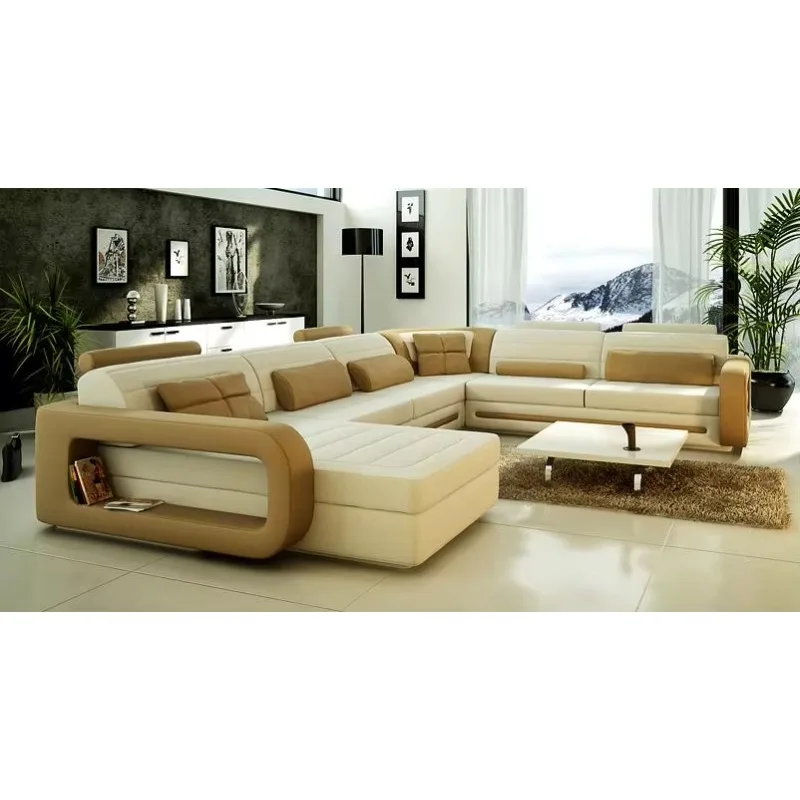 CBMMART living room furniture L-shape italian leather sectional sofas set with coffee table