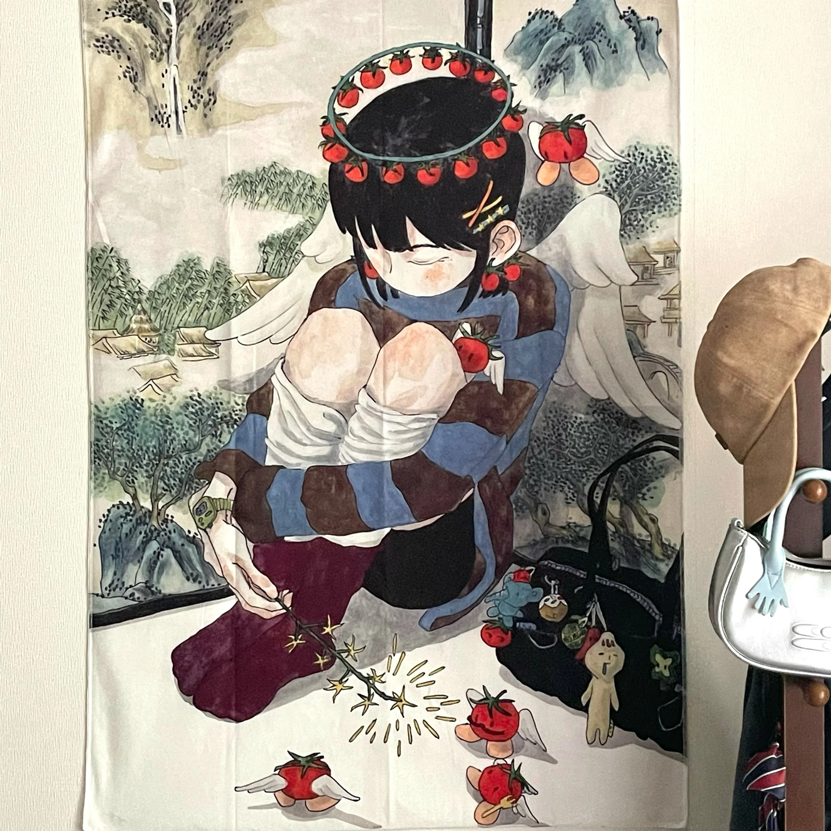 Tela colgante con ilustración, decoración bonita de tomate, núcleo de sueño, mesa de estilo chino antiguo, pared, dormitorio, tela de terciopelo