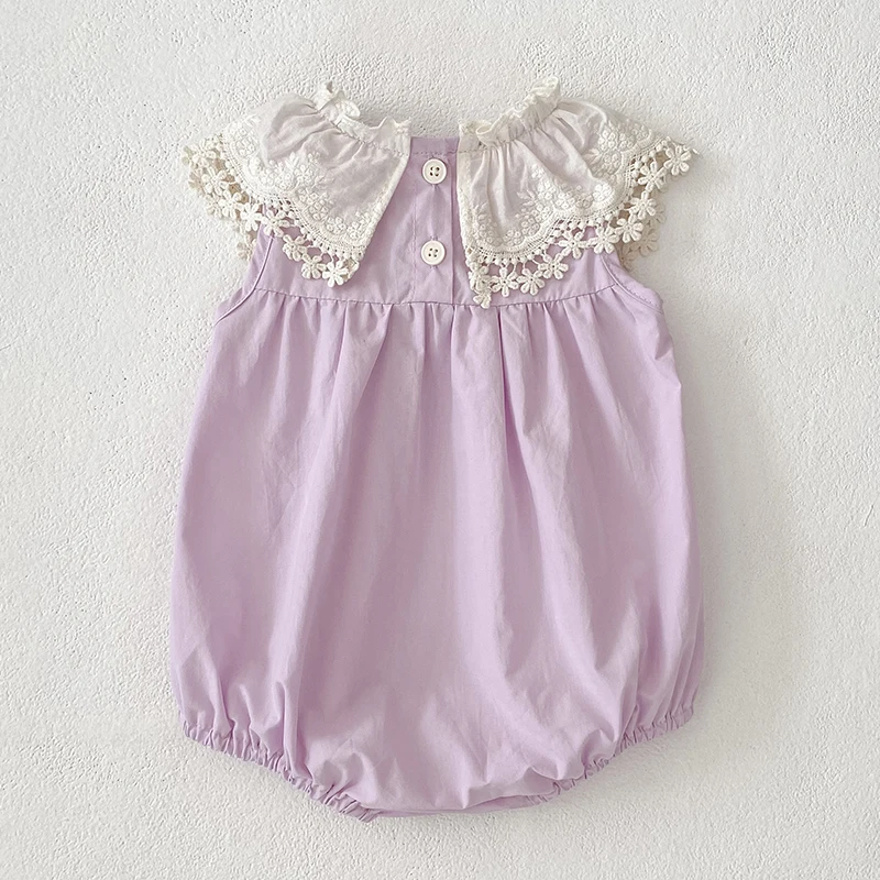 0-24M Summer Baby Girls Romper Petal Lace Collar Girl Clothes Newborn Embroidery Bow Cotton Clothing Summer Onesies Clothes