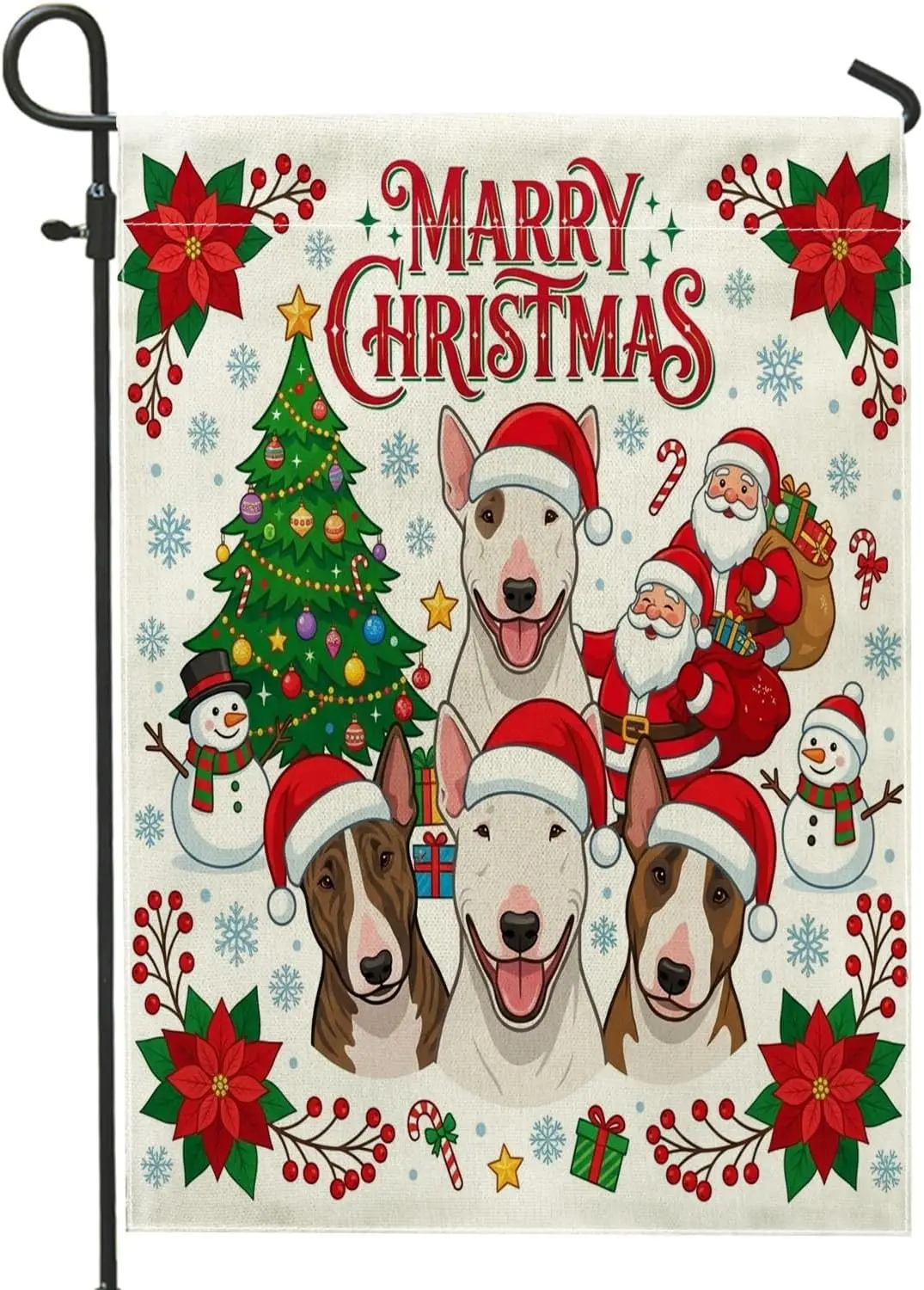 Marry Christmas Tree Bull Terrier Dog Garden Flags 12x18 Inch Double Sided for Outside, Xmas Santa Snowman Pattern Standard