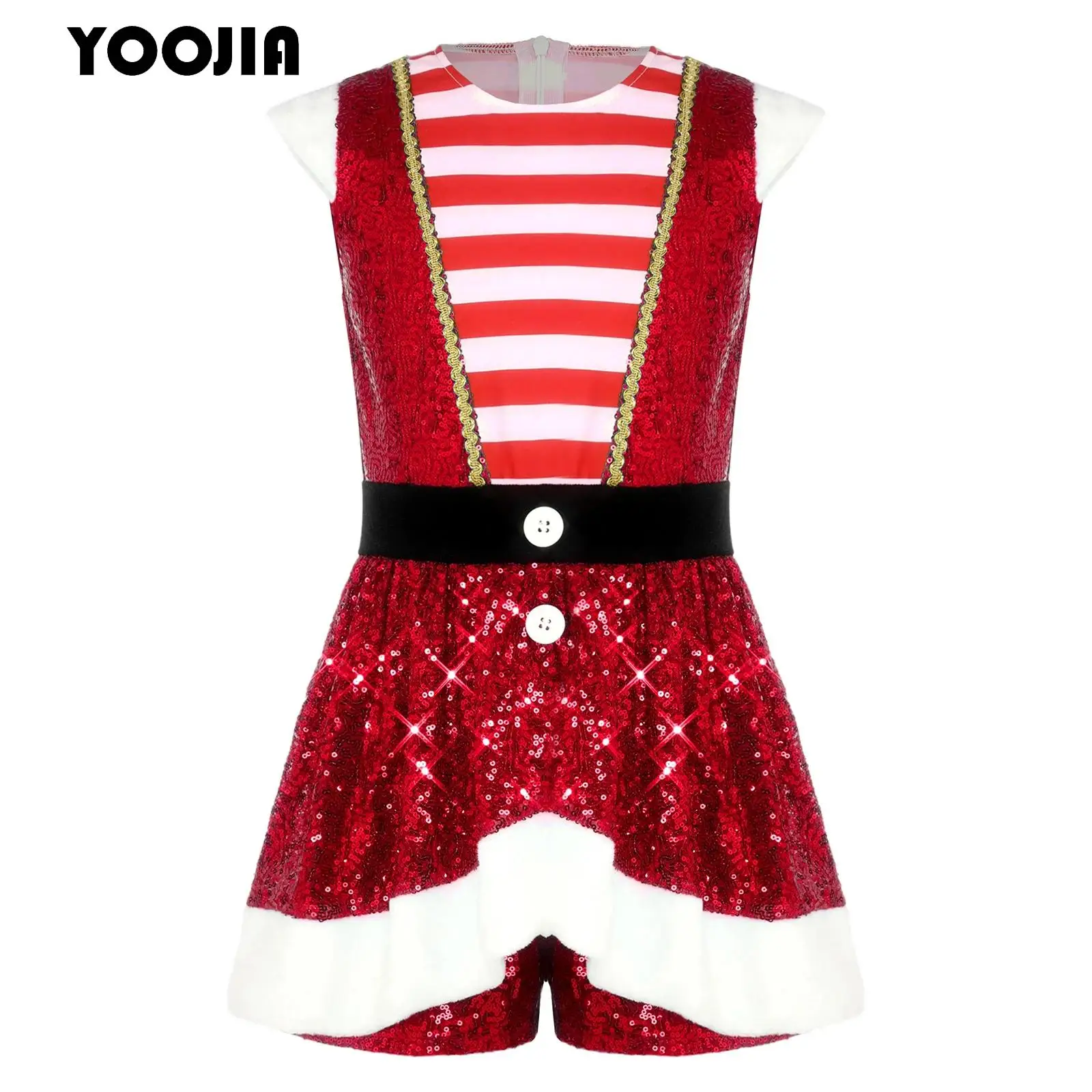

Girls Candy Cane Shorty Unitard Dress Candy Cane Xmas Elf Santa Claus Cosplay Costume Sequin Figure Skating Bodysuit Jumpsuit