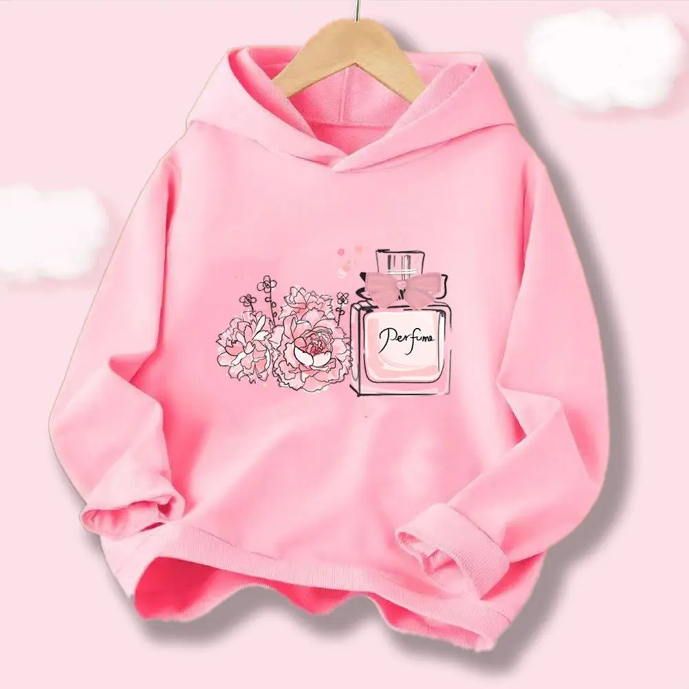 Leichter Kapuzenpullover für Mädchen, modischer Blumen- und Parfümflaschen-Print, Kapuzen-Sweatshirt, Kinder-Frühlings- und Herbst-Freizeitoberteil