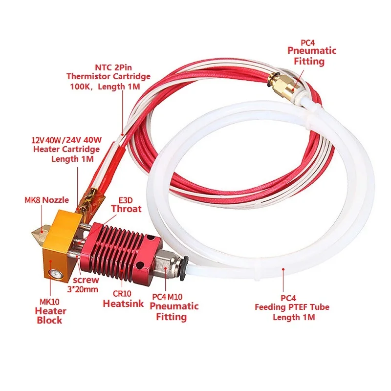 Highs J-head CR10 Hotend Extruder untuk Ender 3 Aluminium Heat Block dengan Thermistor Pemanas Hot End Kit Bagian Printer 3D