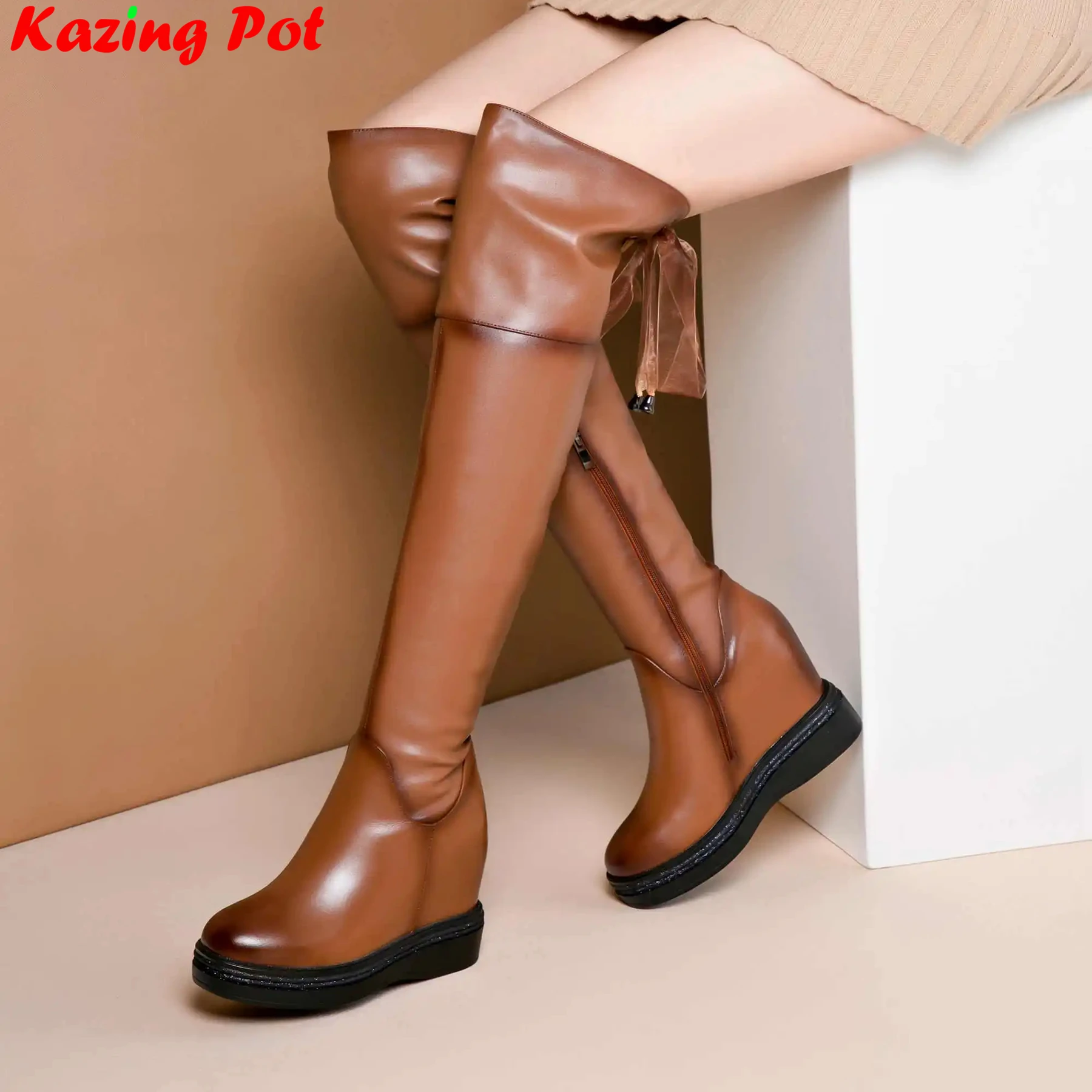 

Krazing Pot Luxury Round Toe Cow Leather Vintage Color Super High Heels Wedges Increased Keep Warm Platform Over-the-knee Boots