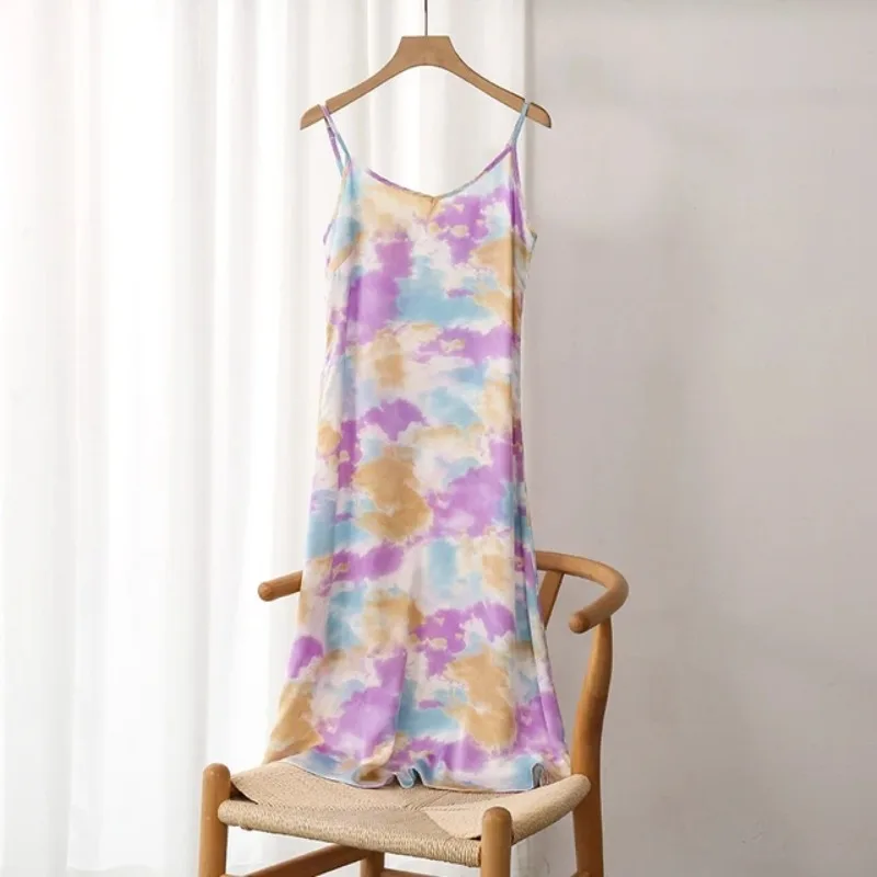 Floral Satin Long Maxi Dress V-Neck Sleeveless Korean Harajuku Style Summer Party Elegant Luxury Women\'s Sexy Gown