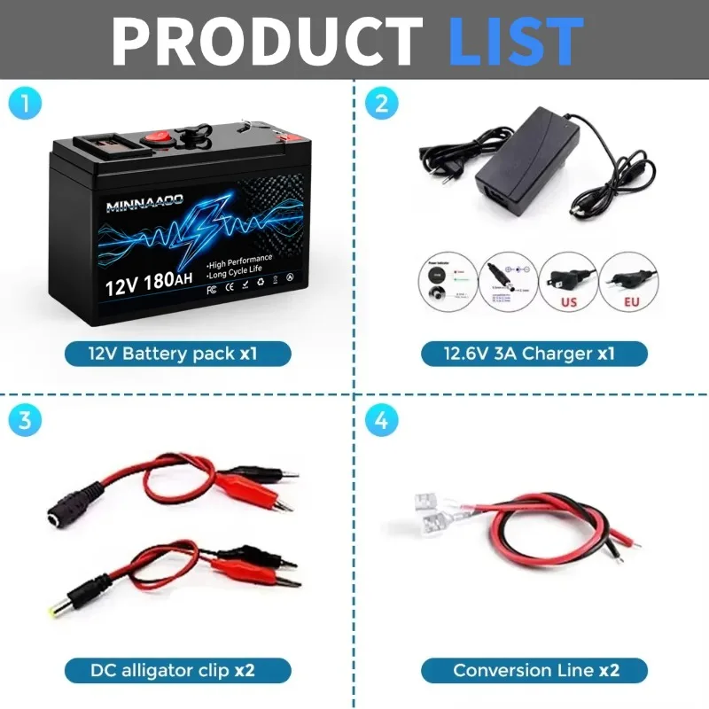 12V 180Ah LiFePO4 Solar Battery Deep Cycle Rechargeable Built-in BMS Lithium 200Ah for Power Wheels Scooters Fish Finder