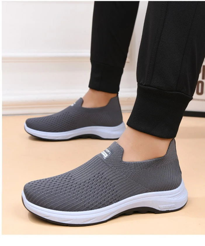 Herren-Strick-Slipper, atmungsaktives, fliegendes Gewebe-Obermaterial, dicke, rutschfeste Sohle, bequeme Freizeitschuhe zum Gehen – Detail 12