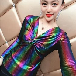 Vintage Glossy Shiny Tees Spring Autumn New Basic Chic Bright Silk Tops Women's Clothing Slim Deep V Sexy Long Sleeve T-shirts